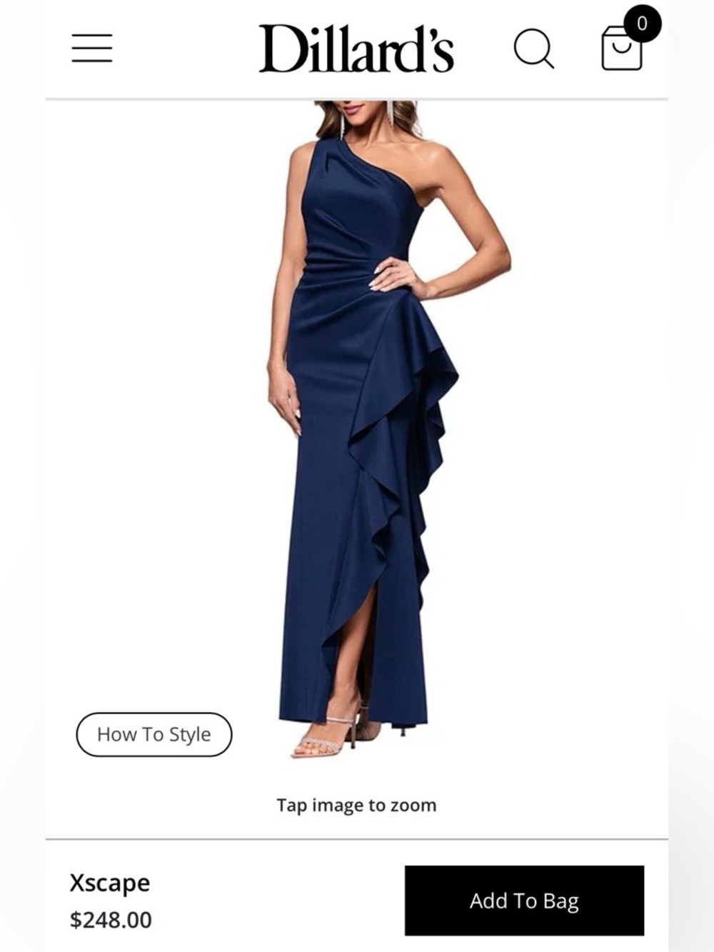 Xscape One-Shoulder Navy Ruffle Column Gown
